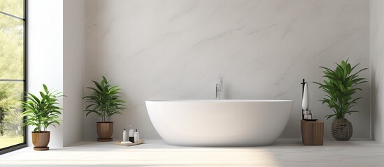 a beautiful modern luxury bathroom with white marble walls a bathtub concrete floor indoor plants toilet bidet and a front view The room features modern furniture and a window - obrazy, fototapety, plakaty