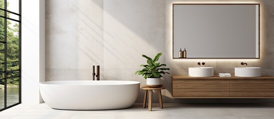 Fototapeta na wymiar a contemporary bathroom with white and wooden walls concrete floor a cozy bathtub and a stone double sink