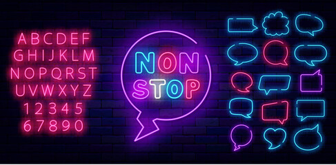 Non stop neon label. Glowing emblem. Shiny pink alphabet. Colorful handwritten text. Vector stock illustration