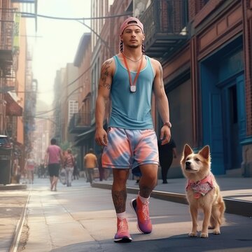 Athletic man with dog walking through the city
