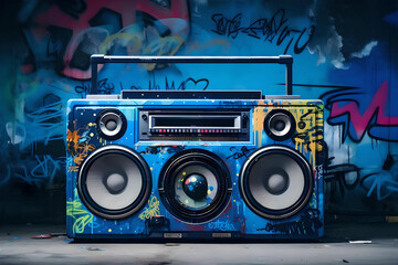 Retro old design ghetto blaster boombox radio cassette tape recorder from the 1980s in a grungy graffiti-covered room. music blaster. blue. 