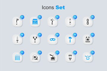 Set Garden light lamp, Hammer, Blacksmith oven, Classic iron fence, Anvil and hammer, anvil tool, Fire poker and Welding glasses icon. Vector