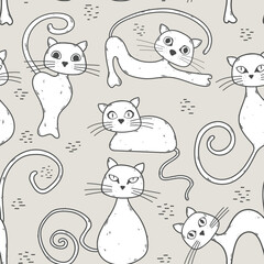 Seamless vector cat pattern. Light and neutral kitten design. Cute pussycats in different poses. Adorable cartoon-style kitty drawings are fun and stylish. Great for animal and cat lovers.