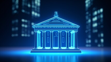 The brilliance of a blue digital bank icon shines on a background of tranquil blue hues, symbolizing the world of online banking - obrazy, fototapety, plakaty