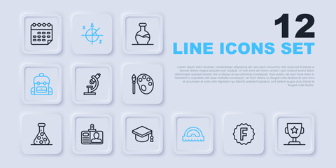 Set line Exam paper with incorrect answers, Award cup, Microscope, Protractor grid, School backpack, Identification badge, Trigonometric circle and Graduation cap icon. Vector