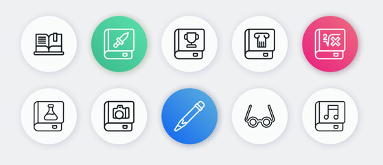 Set line Pencil with eraser, Book mathematics, Chemistry book, Glasses, History, Audio and Photo album gallery icon. Vector