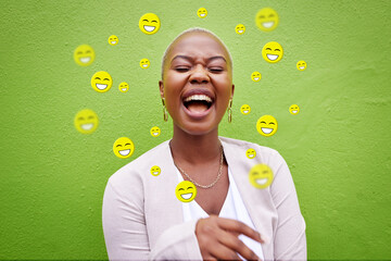 Social media, laughing and emoji icon of a woman or influencer for funny meme app. Face of African person for online chat, content creator or communication notification overlay on green background