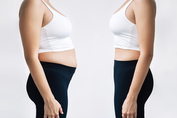 Woman in profile with a belly with excess fat and toned slim stomach before and after losing weight on gray background. Result of diet, liposuction, training. Getting rid of overweight. Comparison - obrazy, fototapety, plakaty