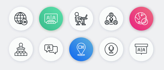 Set line Video chat conference, Speaker, Microphone, Meeting, Freelancer, and Speech bubble icon. Vector