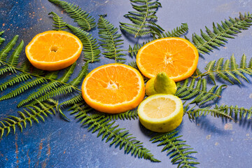 Rodajas de naranja y limón sobre hojas de helecho