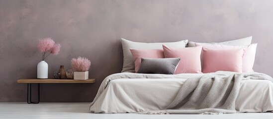 Fototapeta na wymiar Contemporary bedroom featuring pillows and cushions interior design concept