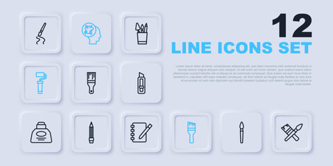 Set line Paint brush, roller, Pencil with eraser, spray and Notebook icon. Vector