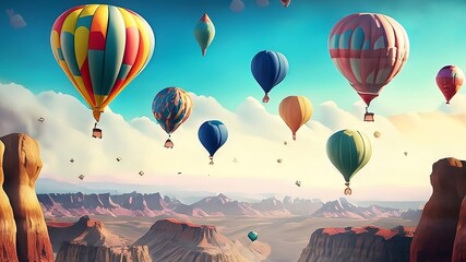 animated movie scene of someone overlooking a scene of colorful hot air balloons floating - obrazy, fototapety, plakaty