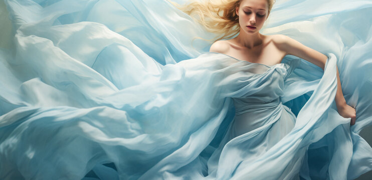 A woman lying on a bed of blue fabric. The fabric is flowing and has a silky texture. The woman is wearing a strapless dress and her hair is flowing. Dreamy mood.