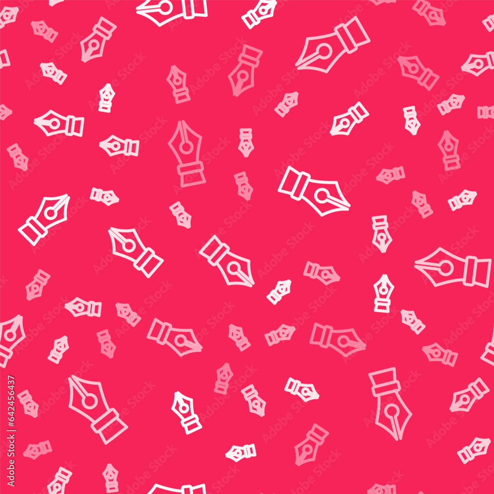 Poster white line fountain pen nib icon isolated seamless pattern on red background. pen tool sign. vector