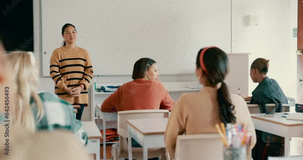 Poster education, question and a woman teacher in a classroom for learning, growth or development with a le