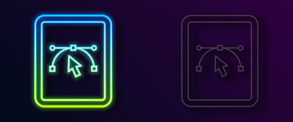 Glowing neon line Computer display with vector design program icon isolated on isolated on black background. Photo editor software with user interface. Vector