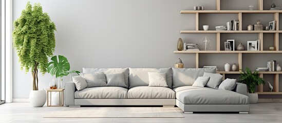 Bright and spacious living room with a grey corner sofa shelves with plants poster and lights