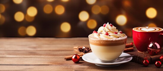 A picture of a hot latte with latte art and a burnt cheesecake with Christmas decorations on a wooden desk celebrating Christmas and New Year