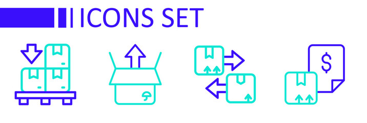 Set line Waybill, Cardboard box with traffic symbol, Unboxing and boxes on pallet icon. Vector