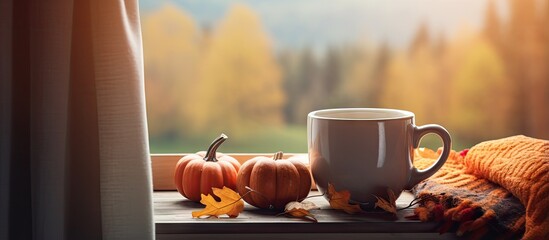 Autumn breakfast hot drink on wooden plate by window Fall Thanksgiving Pumpkins acorns maple leaves wool plaid