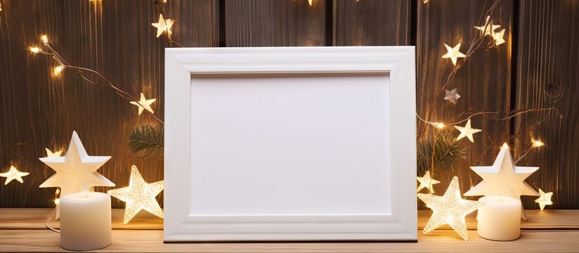 Christmas themed mockup of a wooden frame with decorations on a table ideal for quotes or a holiday postcard