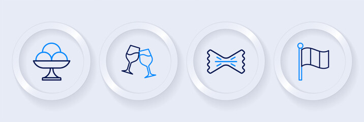 Set line Flag Italy, Macaroni, Wine glass and Ice cream the bowl icon. Vector