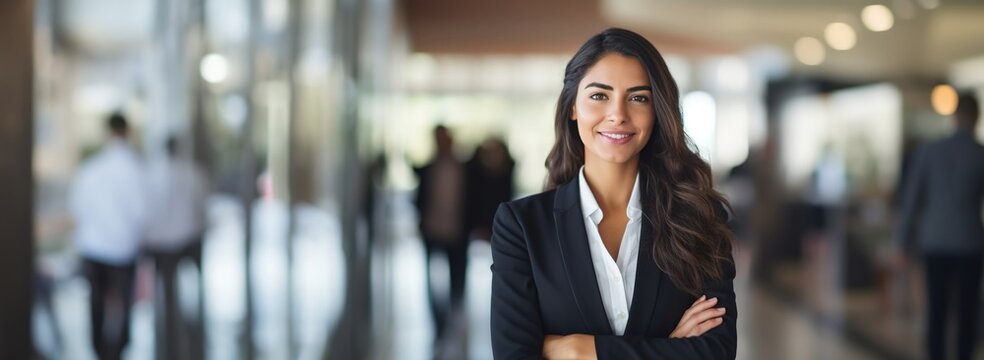 A beautiful smiling hispanic businesswoman in suit standing in front of office. Created with Generative Ai technology