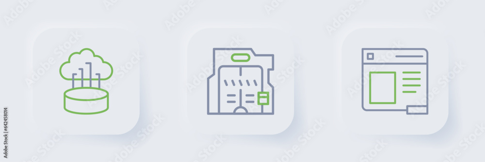 Aufkleber set line browser window, futuristic sliding doors and network cloud connection icon. vector