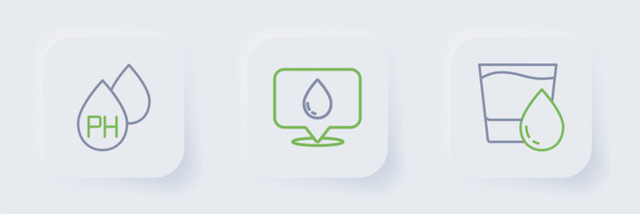 Set line Glass with water, Water drop location and icon. Vector
