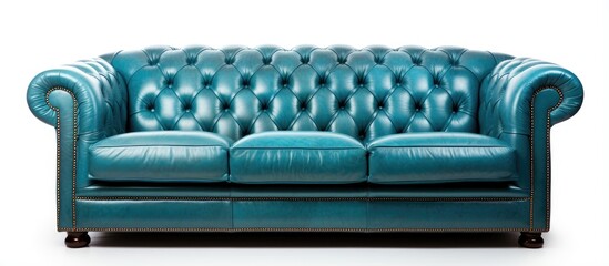 Cozy blue leather sofa with three seats in isolation on a white background