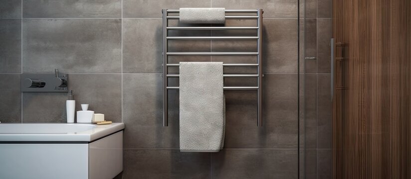 A heated towel rack is seen on a bathroom wall with grey tiles next to a shower cubicle with wood patterned decor and an open glass door from a low angle