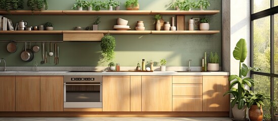 a contemporary kitchen with a wooden design plants and a panoramic window