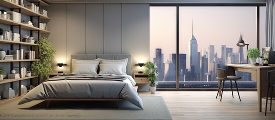 Fototapeta premium a comfortable king size bed bookcase and window with city view in a gray walled master bedroom Home office with computer table
