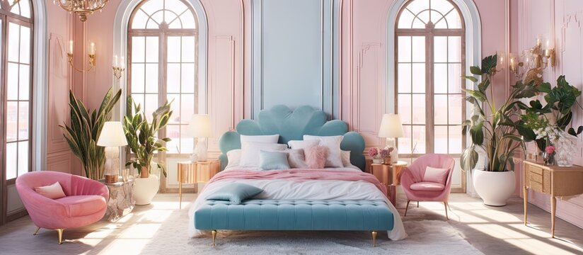 Actual picture of a vibrant pink blue and gold bedroom featuring a big window vintage doors a beige bed and a gold mirrored table