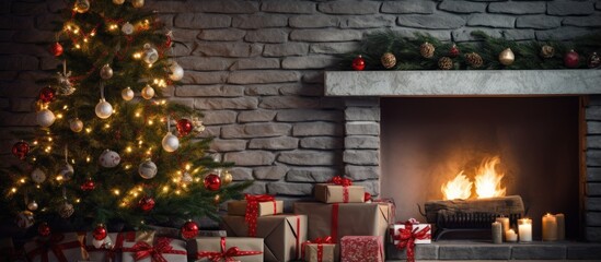 Christmas presents near a fireplace with decorations and firewood Close up gifts by the tree in a Scandinavian styled living room