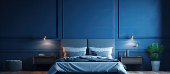 ed bedroom at night with blue walls and cozy evening lighting