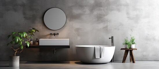 a modern bathroom with gray walls concrete floor round sink and vertical mirror