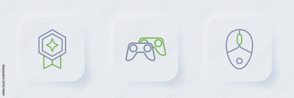 Poster set line computer mouse, game controller or joystick and rating with medal icon. vector