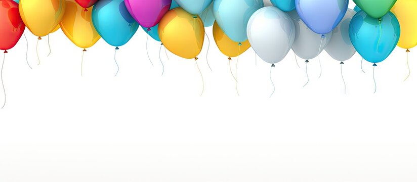 Bright birthday balloons flying for party and celebrations with room for a message on white background