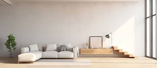 a contemporary bedroom with furniture wooden flooring and a mock up space by a bright window