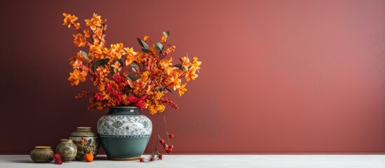 Contemporary home decorations with floral vase and carpet pattern