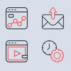 Set line Mail and e-mail, Video advertising, Time management and Market analysis icon. Vector