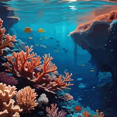 The underwater scene featuring a vibrant coral reef teeming with colorful fish in the Red Sea