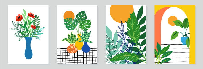 Set of trendy vintage wall prints with flowers, leaves, shapes. Modern aesthetic illustrations. Bohemian style Collection of contemporary artistic Design wall decoration, postcard, poster, brochure