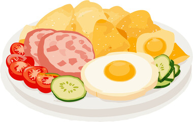 Delicious Breakfast Spread Featuring Fried Eggs, Bacon, and Vegetables on a Plate with Toast and Fresh Tomato