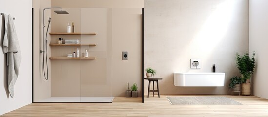 Contemporary apartment s sleek bathroom with vacant shower and bright walls - obrazy, fototapety, plakaty