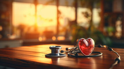 Stethoscope and red heart on the table.