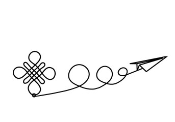 Sign of endless auspicious knot with paper plane as line drawing on the white background. Vector