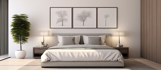 Bedroom interior with elegant furniture rendered mockup photo frame on wall